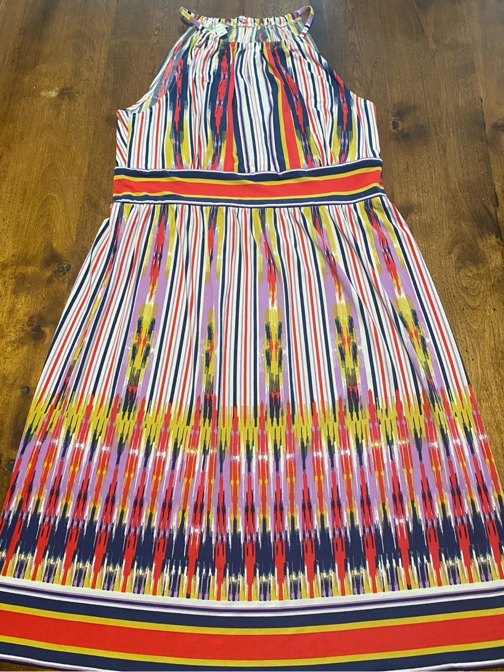 London Times Multicolor Striped Halter Dress with Bold Waistband